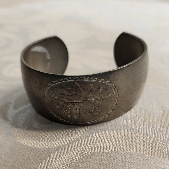 HANS JENSEN Vintage Silver Plated Danish Boat Scene Cuff Bracelet  Rare - Picture 3 of 11